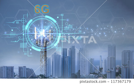 6G network digital and internet of everythings on city background.6G network wireless systems.Modern city internet and cityscape concept 6G network digital and internet of everythings on city background.6G network wireless systems.Modern city internet and cityscape concept 117367179