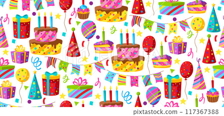 Happy Birthday pattern. Celebration or holiday items. 117367388
