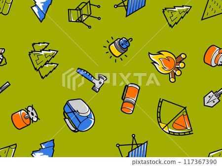 Travel camping pattern. Tourist equipment for survival in outdoor. 117367390