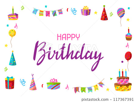 Happy Birthday greeting card. Celebration or holiday items. Happy Birthday greeting card. Celebration or holiday items. 117367391
