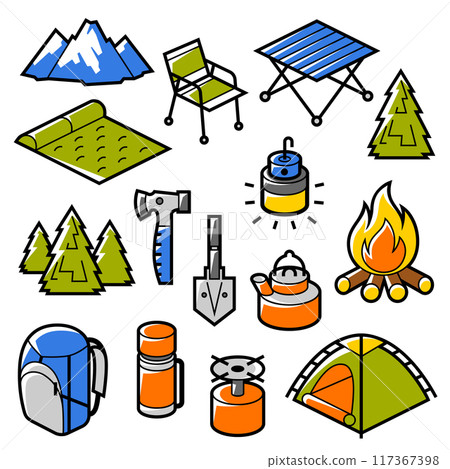 Travel camping set. Tourist equipment for survival in outdoor. Travel camping set. Tourist equipment for survival in outdoor. 117367398