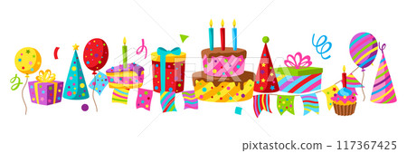 Happy Birthday greeting card. Celebration or holiday items. Happy Birthday greeting card. Celebration or holiday items. 117367425