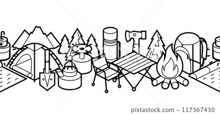 Travel camping pattern. Tourist equipment for survival in outdoor. Travel camping pattern. Tourist equipment for survival in outdoor. 117367430