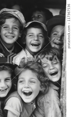 Black and white photo of smiling happy children looking at the camera, happy carefree childhood 117367536