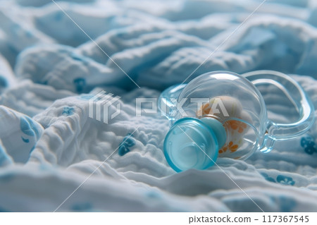 Baby pacifier close-up on a baby's bed 117367545