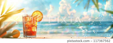 Glass of summer refreshing drink with ice, summer holidays and fun, banner 117367562