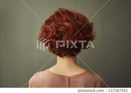 Rear view of a girl with short brown hair, care and hair care concept 117367565