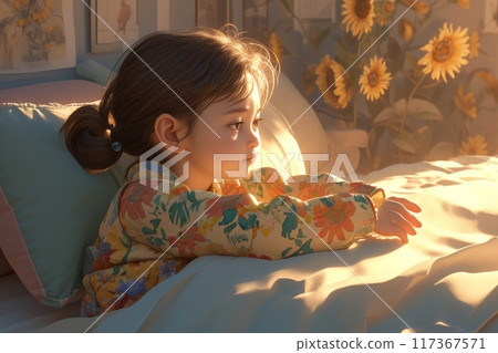 A toddler in pajamas early in the morning in his room, illustration 117367571