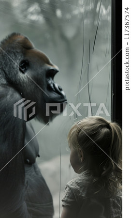 A small child looks through the glass at a gorilla at the zoo 117367574