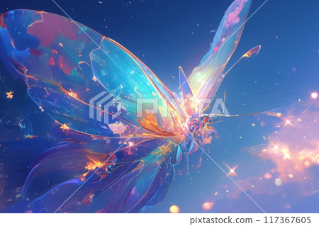 A vibrant purple butterfly, a vital pollinator and beautiful arthropod, gracefully soars in the sky among pink and violet petals 117367605