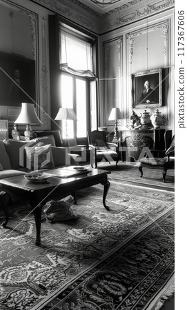 Black and white photo of a cozy living room 117367606
