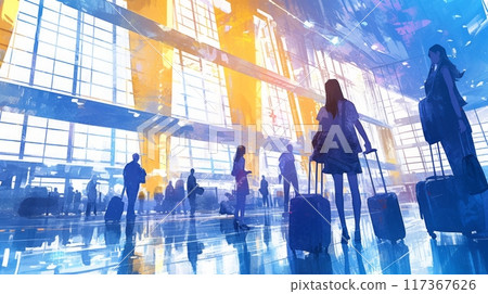 Tourists passengers with suitcases at modern airport, back view, illustration 117367626