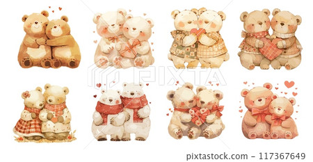 Watercolor love bear couples set. Valentine day romantic gift card with cute animal characters, teddy bear toy heart vector illustration 117367649
