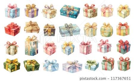 Watercolor gift box set. Christmas, birthday, new year surprise presents with ribbon bow, elements for greeting cards vector illustration 117367651