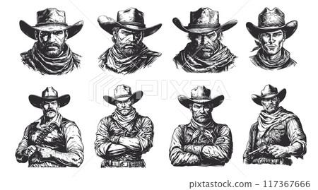 Engraving cowboy portrait set. Hand drawn wild west man in hat and scarf, western sheriff vector illustration 117367666