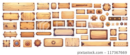 Cartoon wooden user interface set. Game UI design elements wood frames borders buttons menu vector illustration Cartoon wooden user interface set. Game UI design elements wood frames borders buttons menu vector illustration 117367669