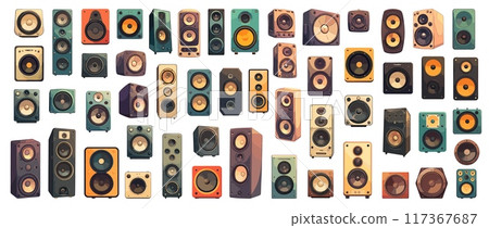 Cartoon sound speakers set. Audio systems, subwoofer, acoustic device, concert stereo equipment vector illustration 117367687