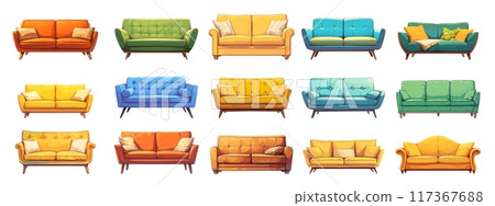 Cartoon sofa set. Modern and classic cozy couches with pillows, living room furniture, interior element vector illustration 117367688