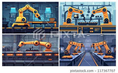 Cartoon robot factory set. Electronic manufacturing with machine robotic hand on conveyor automation process vector illustration 117367707