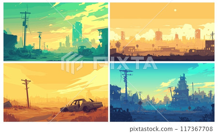 Cartoon post apocalyptic set. Wasteland landscape, crumbling city building ruins, destroyed cars vector illustration 117367708