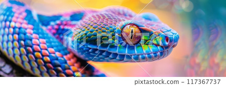 Colorful fantasy multicolored snake close up, snake curled up, banner 117367737