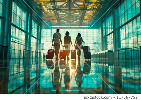 Tourists passengers with suitcases at modern airport, back view 117367752