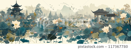 Chinese pavilion near a lake with lotus blooming, classical Chinese painting, illustration banner 117367780