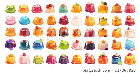Cartoon jelly pudding set. Colorful summer berry sweet, delicious fruit gelatin dessert various flavors vector illustration 117367826