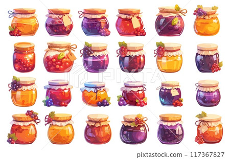 Cartoon jam set. Berry fruit natural homemade product in glass jar, sweet breakfast food, dessert marmalade vector illustration 117367827