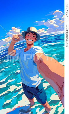 Illustration of a happy young guy taking a selfie on the background of the sea 117367870