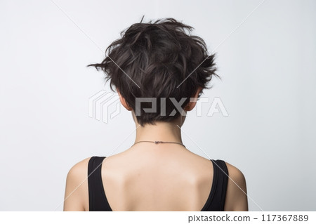Rear view of a girl with short black hair, care and hair care concept 117367889