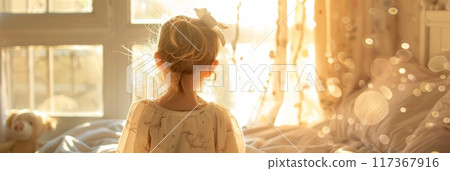 A toddler in pajamas early in the morning in his room, banner 117367916