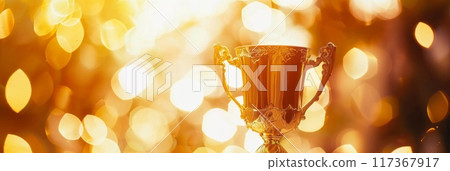 Shiny sparkling champion gold cup on golden bright background with sparkles , first place Trophy cup 117367917