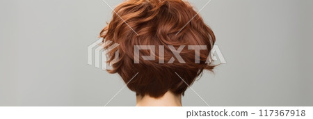 Rear view of a girl with short brown hair, care and hair care concept, banner 117367918