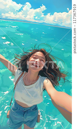Illustration of a happy Asian girl taking selfie on sea background 117367919