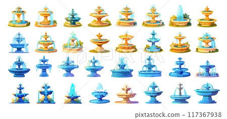 Cartoon fountains set. Water stream architecture decor for park or garden, outdoor design elements vector illustration 117367938