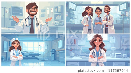 Cartoon doctor in hospital set. Professional medical workers character in intensive therapy clinic interior, nurse vector illustration 117367944