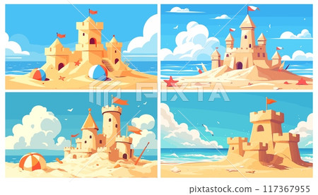 Cartoon beach sand castle set. Summer vacation seashore with kid activity building balls sea water clouds vector illustration 117367955