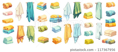 Cartoon bath towels set. Hygiene fabric textile hanging rolled up pile, spa napkins vector illustration 117367956