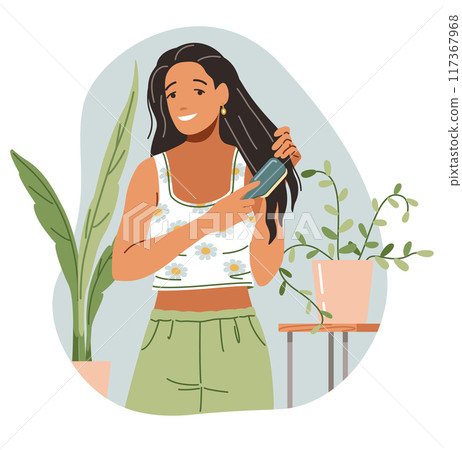 Woman doing hairstyle with straightener flat illustration 117367968