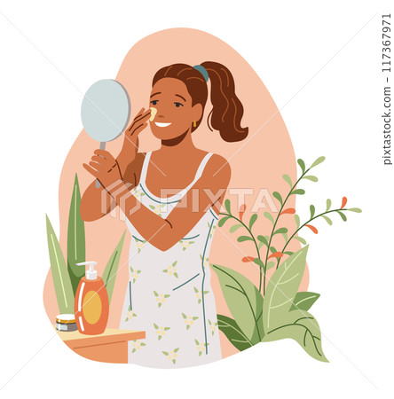 Mixed race woman applying cream flat vector illustration Mixed race woman applying cream flat vector illustration 117367971