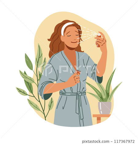 Woman using face mist after bathing flat vector illustration Woman using face mist after bathing flat vector illustration 117367972