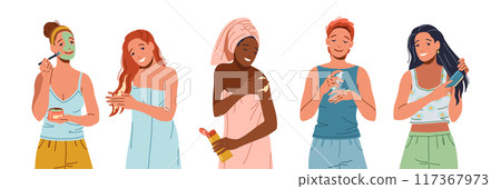 Happy young women doing beauty procedures after bathing icon set Happy young women doing beauty procedures after bathing icon set 117367973