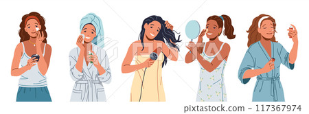 Diverse women beauty care flat color vector icon set Diverse women beauty care flat color vector icon set 117367974