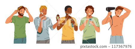 Happy young men doing cosmetic and hygienic procedures icons Happy young men doing cosmetic and hygienic procedures icons 117367976