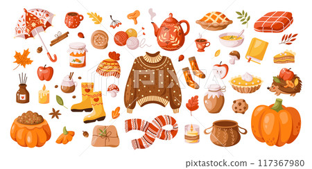 Cozy autumn warm clothes and tasty food 2D cartoon objects 117367980
