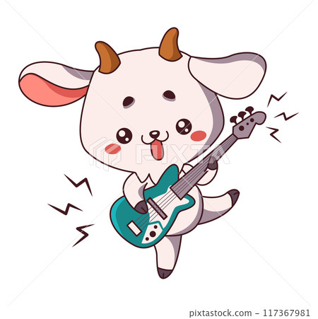 Kawaii goat strums guitar strings flat vector illustration 117367981