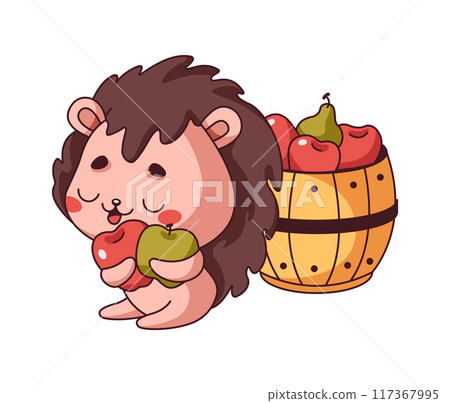 Hedgehog sits near barrel filled with apples flat color vector image 117367995