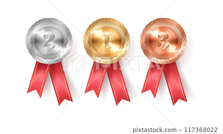 Champions medals with ribbons realistic vector illustration Champions medals with ribbons realistic vector illustration 117368022