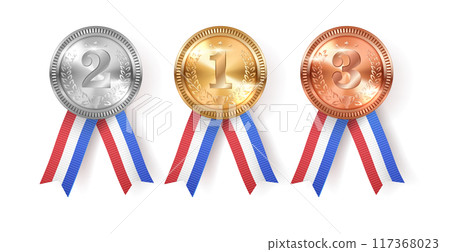 Golden, silver and bronze medals with ribbons illustration Golden, silver and bronze medals with ribbons illustration 117368023